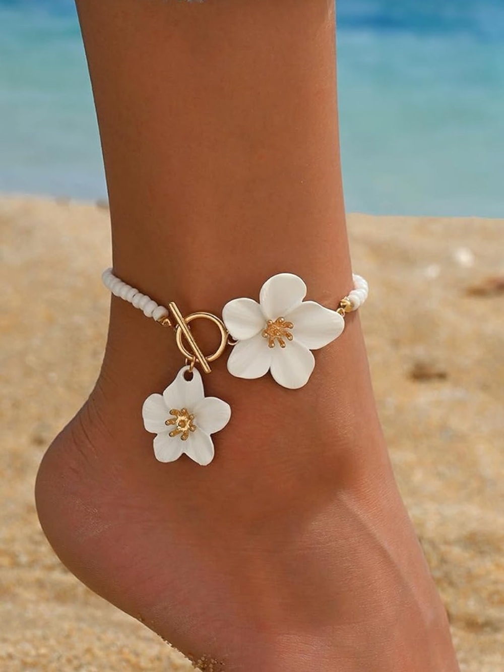 Anthropologie White Pearl Bracelet with Gold Floral Accents